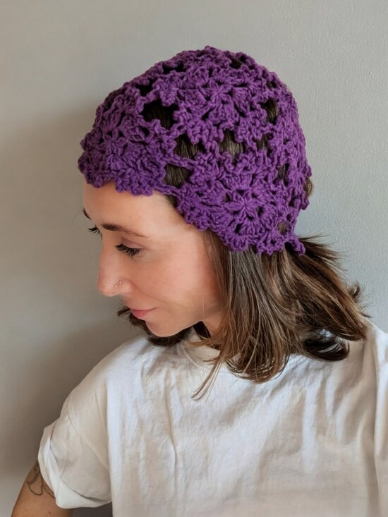 Handmade Crochet Juliette Lace Cap / Floral Cloche Hat - Violet Coquette main image 8